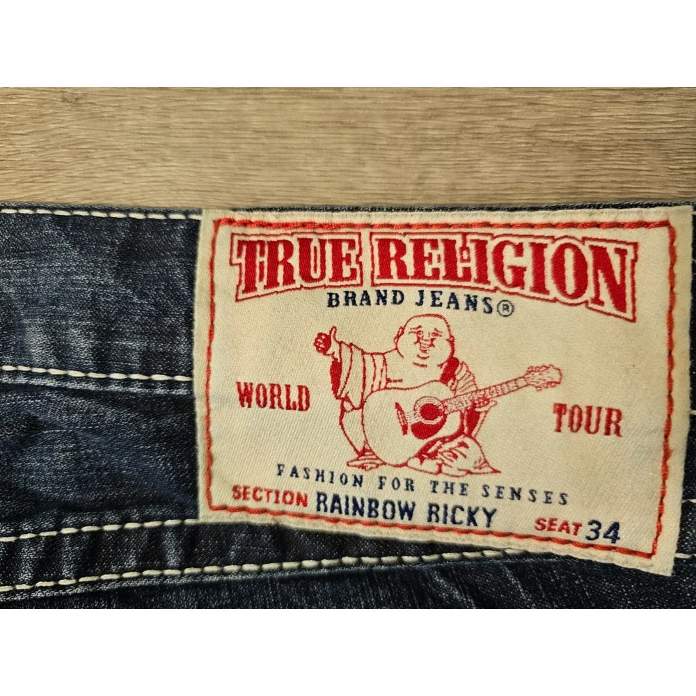 True Religion Jeans 34x30 Rainbow Ricky Size 34 Distressed Denim Made in USA Y2K